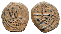 Crusaders, Antioch. Tancred (Regent, 1101-03, 1104-12). Æ Follis (20mm, 2.77g, 6h). Bust of Tancred facing, wearing turban and holding sword. R/ Cross...