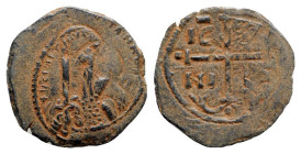 Crusaders, Antioch. Tancred (Regent, 1101-03, 1104-12). Æ Follis (22mm, 3.96g, 6h). Bust of Tancred facing, wearing turban and holding sword. R/ Cross...