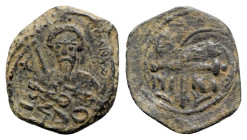Crusaders, Antioch. Tancred (Regent, 1101-03, 1104-12). Æ Follis (22mm, 4.19g, 6h). Bust of Tancred facing, wearing turban and holding sword. R/ Cross...