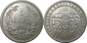 Europäische Münzen und Medaillen, Bulgarien / Bulgaria. Alexander I. (1879-1886). 5 Lewa 1885, St. Petersburg. Silber. 24,83 g. KM 7. Sehr schön, zapo...