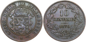 Europäische Münzen und Medaillen, Luxemburg / Luxembourg. Wilhelm III. (1849-1890). 10 Centimes 1870. Bronze. KM 23.1. Stempelglanz