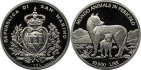 Europäische Münzen und Medaillen, San Marino. Tierwelt in Gefahr - Wolf mit Jungtier. 10000 Lire 1996. 22,0 g. 0.835 Silber. 0.59 OZ. KM 341. Polierte...