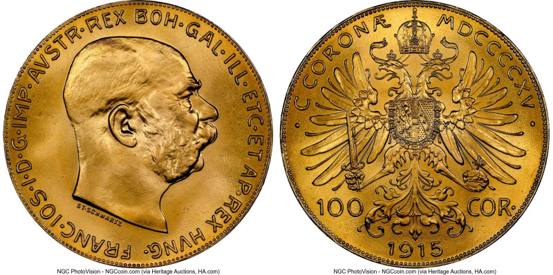 Franz Joseph I gold Restrike 100 Corona 1915 MS65 NGC, Vienna mint, KM2819, Fr-5...