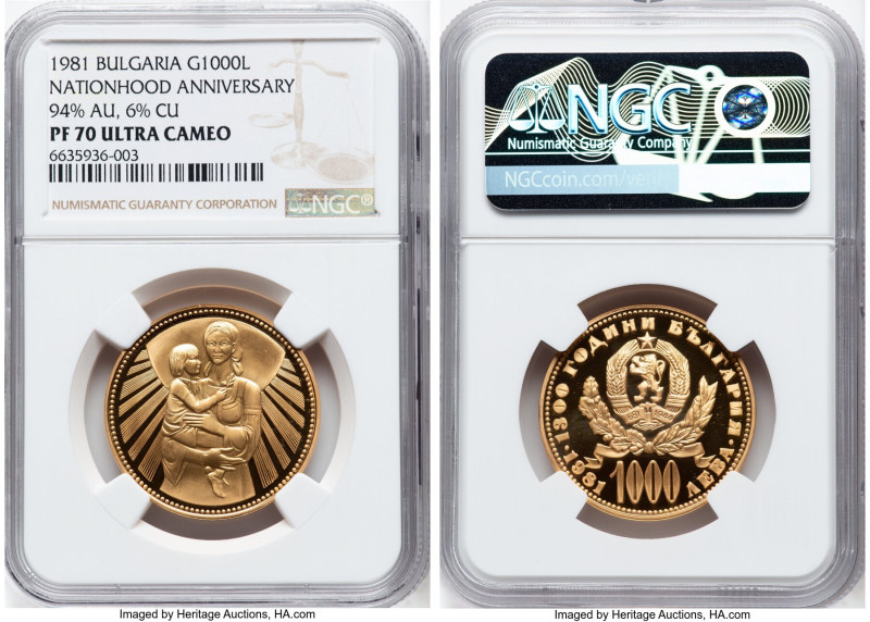 Republic gold Proof "Nationhood Anniversary" 1000 Leva 1981 PR70 Ultra Cameo NGC...