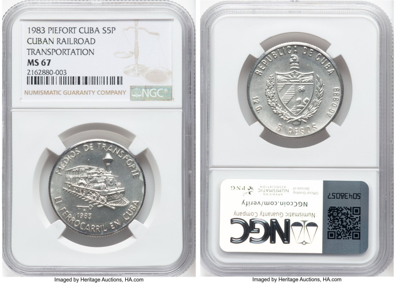 Republic silver Piefort "Cuban Railroad" 5 Pesos 1983 MS67 NGC, Havana mint, KM-...