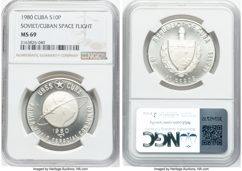 Republic silver "Soviet / Cuban Space Flight" 10 Pesos 1980 MS69 NGC, Havana min...