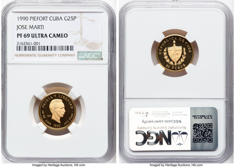 Republic gold Proof Piefort "Jose Marti" 25 Pesos 1990 PR69 Ultra Cameo NGC, Hav...