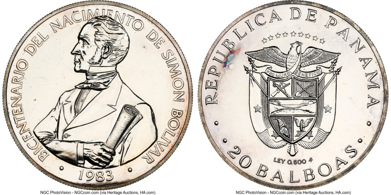 Republic silver "200th Anniversary of the Birth of Simon Bolivar" 20 Balboas 198...