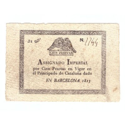 100 Pesetas. Barcelona 1813. Asignado Imperial Napoleónico. ED.A14. Algo sucio, ...
