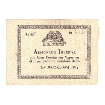 100 Pesetas. Barcelona 1814. Asignado Imperial Napoleónico. ED.A15. Muy escaso. ...