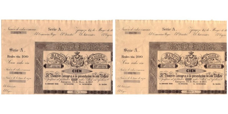 100 Reales de vellón. 14 Mayo 1857. Serie A. Con matriz, sin taladrar, sin firma...