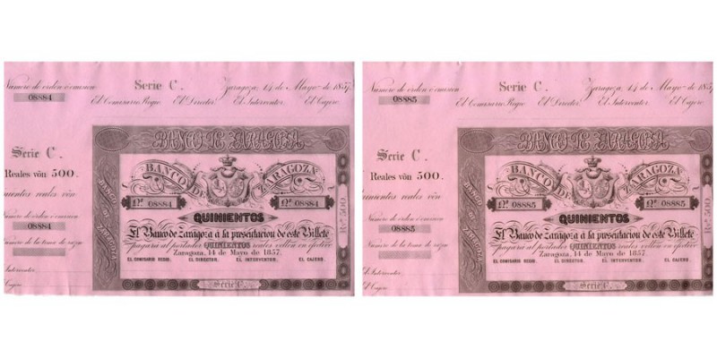 500 Reales de vellón. 14 Mayo 1857. Serie C. Con matriz, sin taladrar, sin firma...