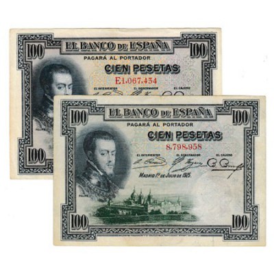 100 Pesetas. 1 Julio 1925. Lote de 2 billetes. Sin serie y serie E. MBC a MBC-