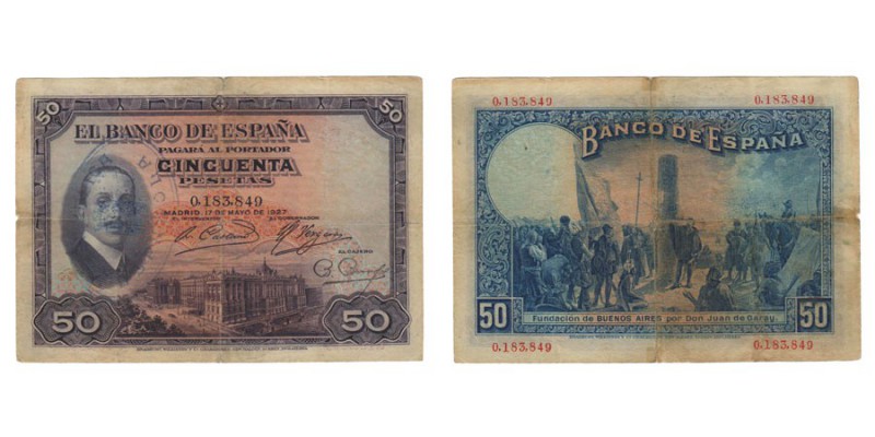 50 Pesetas. 17 Mayo 1927. Sin serie. Con sello en tinta azul REPÚBLICA ESPAÑOLA ...