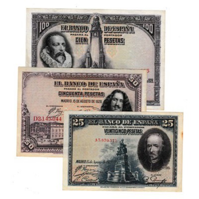 15 Agosto 1928. Lote de 3 billetes. 25 (serie A), 50 (serie D) y 100 Pesetas (se...