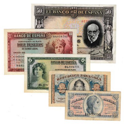 Lote de 5 billetes. 50 Céntimos 1937, 2 Pesetas 1938, 5 Pesetas 1935, 10 Pesetas...
