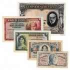 Lote de 5 billetes. 50 Céntimos 1937, 2 Pesetas 1938, 5 Pesetas 1935, 10 Pesetas 1935 y 50 Pesetas 1935. SC- a BC-