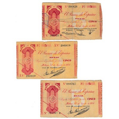 Banco de España · Bilbao. 5 Pesetas. Emisión 1936. Lote de 3 billetes. Sin serie...