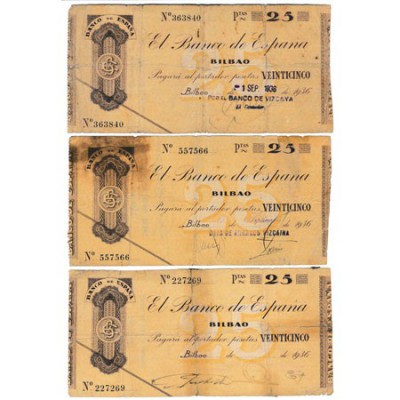 Banco de España · Bilbao. 25 Pesetas. Emisión 1936. Sin serie. Lote de 3 billete...