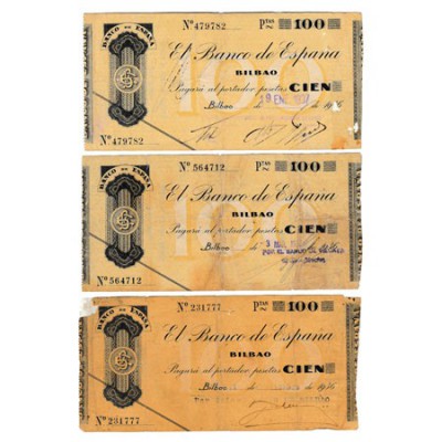 Banco de España · Bilbao. 100 Pesetas. Emisión 1936. Sin serie. Lote de 3 billet...