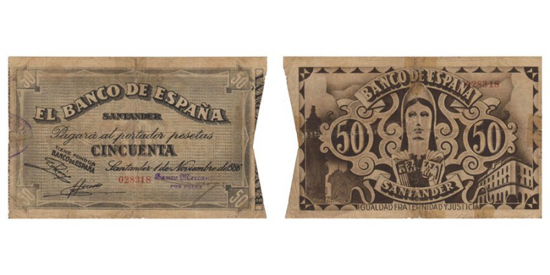 Banco de España · Santander. 50 Pesetas. 1 Noviembre 1936. Sin serie. Antefirma ...