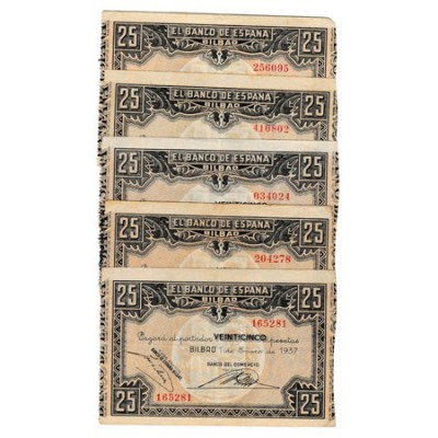Banco de España · Bilbao. 25 Pesetas. 1 Enero 1937. Sin serie. Lote de 5 billete...