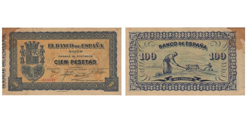Banco de España · Gijón. 100 Pesetas. Septiembre 1937. Sin serie. ED.C50. Mancha...