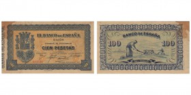 Banco de España · Gijón. 100 Pesetas. Septiembre 1937. Sin serie. ED.C50. Mancha en pico superior izq., si no EBC-
