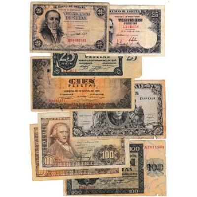 Lote de 8 billetes. 25 Pesetas 1936, 1946, 1954, 100 Pesetas 1936, 1938, 1940, 1...