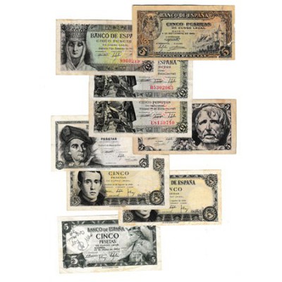 Lote de 9 billetes. 5 Pesetas Septiembre 1940, 1943 (sin serie), 1945 (2), 1947,...