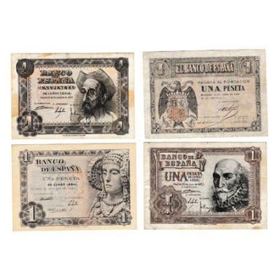 1 Peseta. Lote de 4 billetes. 1938 (descolorida), 1948, 1951 y 1953 (sin serie)....