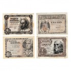 1 Peseta. Lote de 4 billetes. 1938 (descolorida), 1948, 1951 y 1953 (sin serie). MBC/BC+