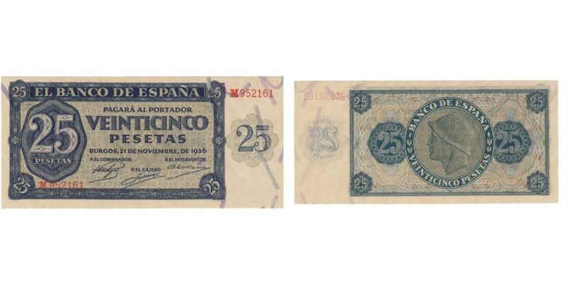 25 Pesetas. Burgos, 21 Noviembre 1936. Serie M. ED.D20A. Escaso así. SC