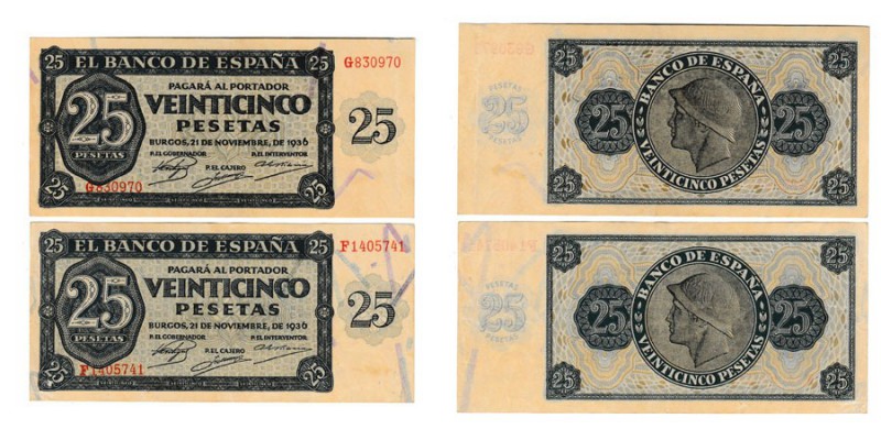 25 Pesetas. Burgos, 21 Noviembre 1936. Lote de 2 billetes. Serie F y G. ED.D20A....