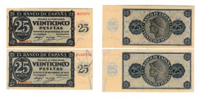 25 Pesetas. Burgos, 21 Noviembre 1936. Lote de 2 billetes. Serie F y G. ED.D20A. MBC+