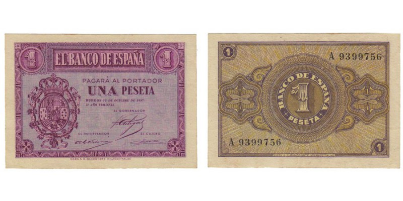 1 Peseta. Burgos, 12 Octubre 1937. Serie A. ED.D26. SC