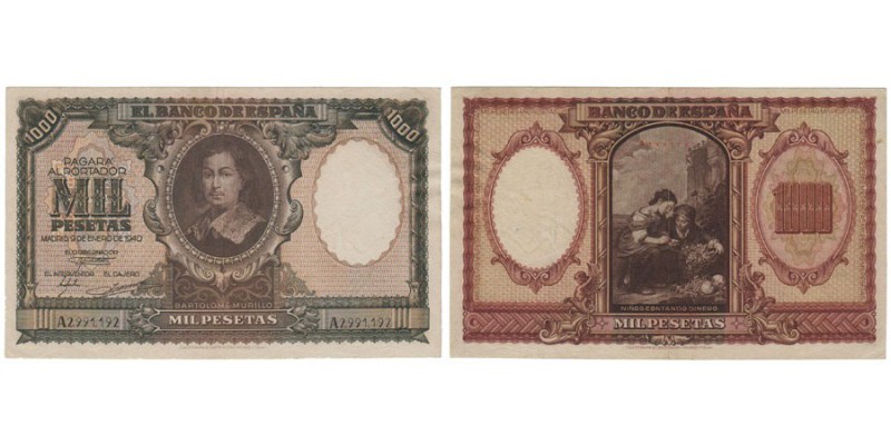 1000 Pesetas. 9 Enero 1940. Serie A. ED.D41. Doblez central pero manteniendo apr...