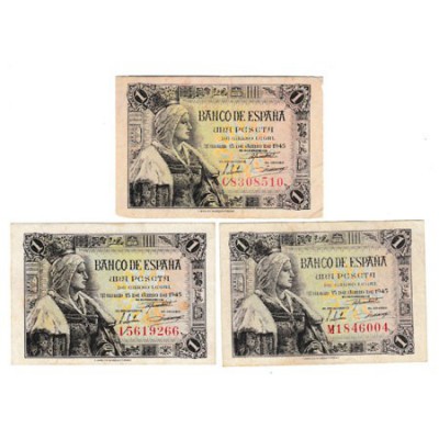 1 Peseta. 15 Junio 1945. Lote de 3 billetes. Serie C, I y M. ED.D49. EBC/MBC-.
