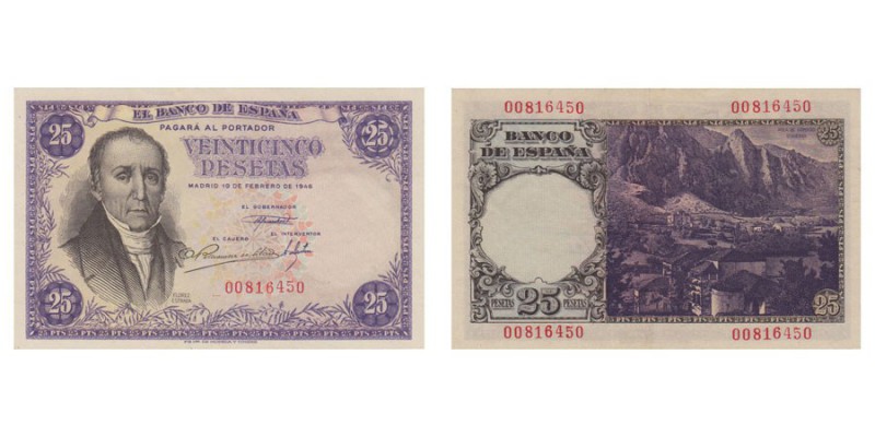 25 Pesetas. 19 Febrero 1946. Sin serie. ED.D51. Escaso. EBC