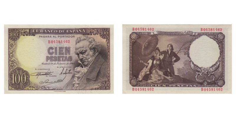 100 Pesetas. 19 Febrero 1946. Serie B. ED.D52A. Pico inferior ligeramente doblad...