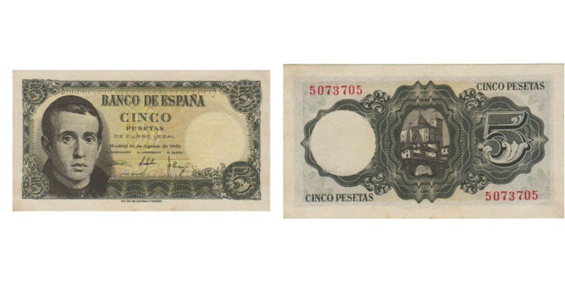5 Pesetas. 16 Agosto 1951. Sin serie. ED.D60. SC