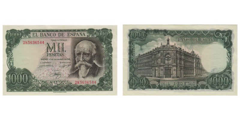 1000 Pesetas. 17 Septiembre 1971. Serie 2K. ED.D75B. Ligerísimas arrugas en marg...