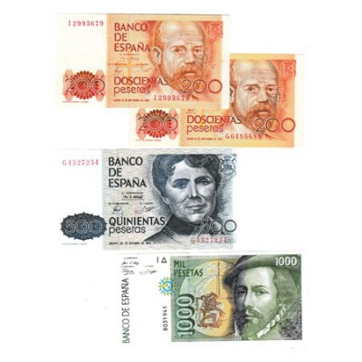 Lote de 4 billetes. 200 Pesetas 1980 (2), 500 Pesetas 1979 y 1000 Pesetas 1992 (...