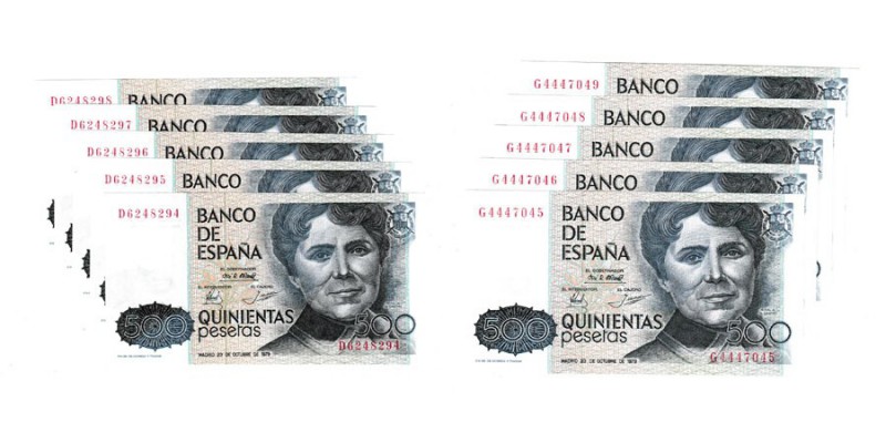 500 Pesetas. 23 Octubre 1979. Lote de 10 billetes. Serie D (5 correlativos) y G ...