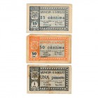 Anglés (Gerona), M. Lote de 3 billetes. 9 Noviembre 1937. 25 y 50 Céntimos y Peseta. MBC a BC