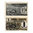 La Bisbal (Gerona), C.M. Lote de 2 billetes. 50 Céntimos y Peseta. Escaso. EBC- a MBC+