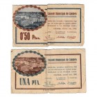 Calders (Barcelona), C.M. Lote de 2 billetes. 0,50 y 1 Peseta. Agosto 1937. Tampón en rev. Rotura central y pegado, si no BC-. Escaso