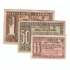 Cardona (Barcelona), Ay. Lote de 3 billetes. 15 y 50 Céntimos y Peseta. 5 Octubre 1937. Serie A, B y C. Escaso. MBC+ a BC-
