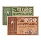 Girona, Ay. Lote de 2 billetes. 0,25 y 0,50 Pesetas. 25 Junio 1937. Doblez muy pronunciado en el de 0,25, si no MBC-/BC