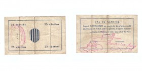 25 Céntimos. Llorenç de Morunys (Lérida), Ay. 21 Julio 1937. Tampón en tinta roja. Dobledo en cuatro partes, si no BC. Escaso